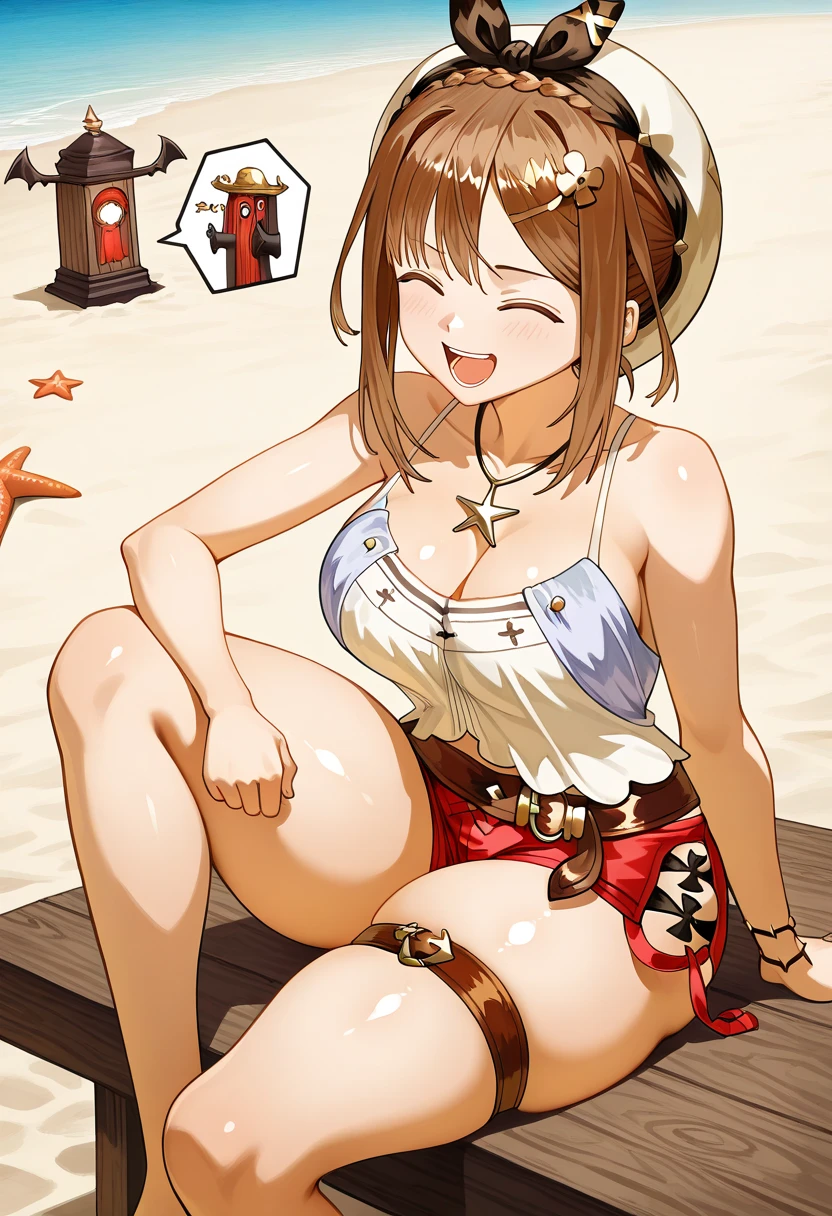 (NSFW:1.5), (realistic, photo realistic:1.2), ((highest quality)), move the center of gravity backwards, pretty embarrassing, copano rickey \(umamusume\), Red eyes, barefoot, Yellow bikini, (Red frill:1.2), horse tail, Sit on the beach, spread pussy, spread legs, knees up, beautiful face details, real human skin, gentle expression, realistic, photorealistic, cute, whole body, Smile, natural smile, charming smile, enchanting smile, From front, from below, (wind:1.1)