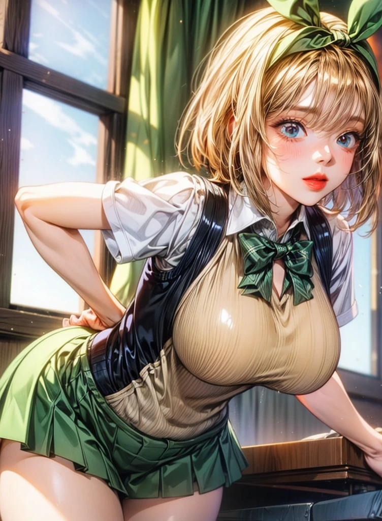 ht particles, ultra-detailed, 8K wallpaper, (bright colors:1.2), (woman), big breast, (beautiful hair:1.2), shiny skin, shiny skin, oily skin, beautiful face, (right green office uniform), cleavage, (open clothes, nipple), (beautiful eyes, shiny eyes), ((big eyes)), happy, blush cheeks, (fellatio, Deep Throat:1.4), saliva, (tall man:1.2), (penis:1.2), (girl hold man's waist:1.4), hetero, (cum out:1.2), looking at penis, ((hand in own hair)), nsfw, indoor, office, night, from side