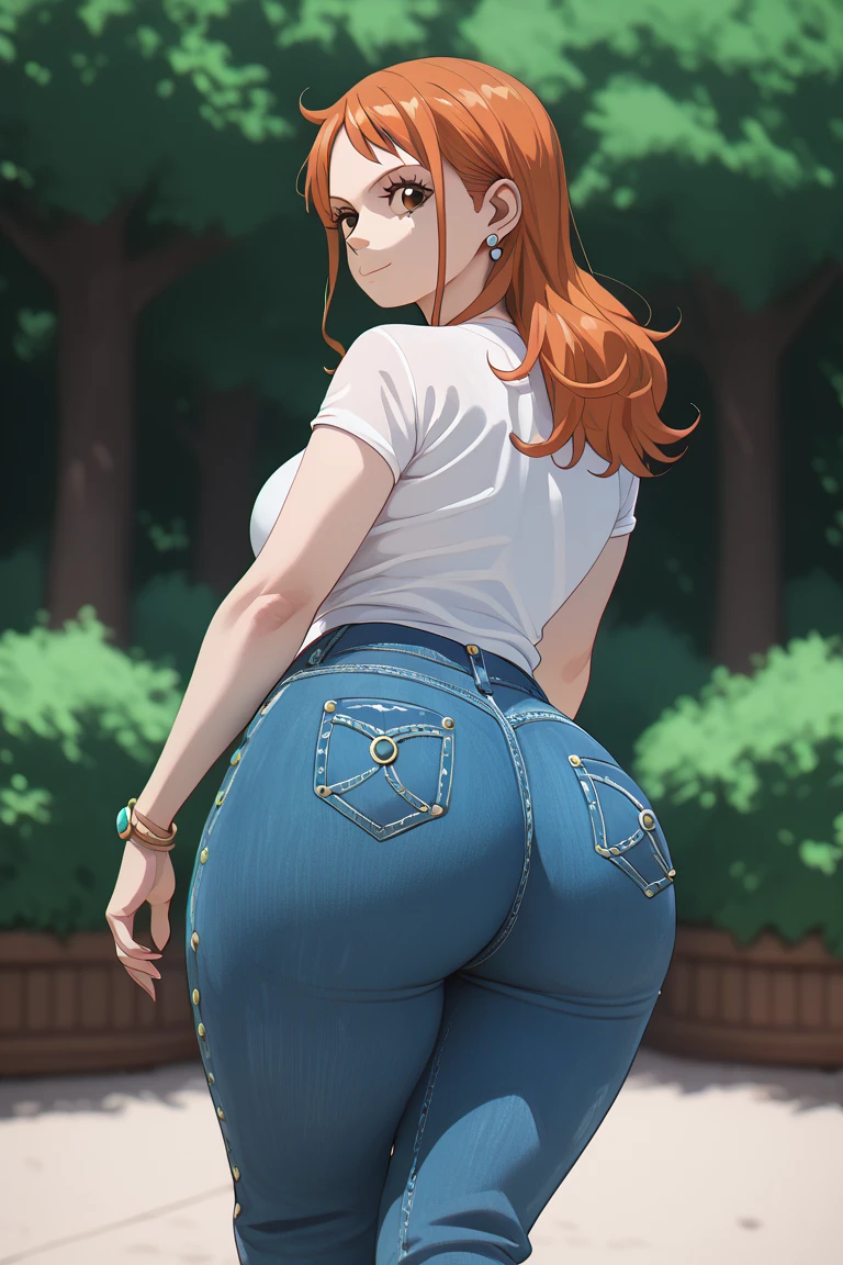 Create a redheaded woman with her hair tied up she has green eyes, a green shirt with dark stripes, tight jeans on her big ass, she also has big breasts, and she has a suggestive look, make her face forward 