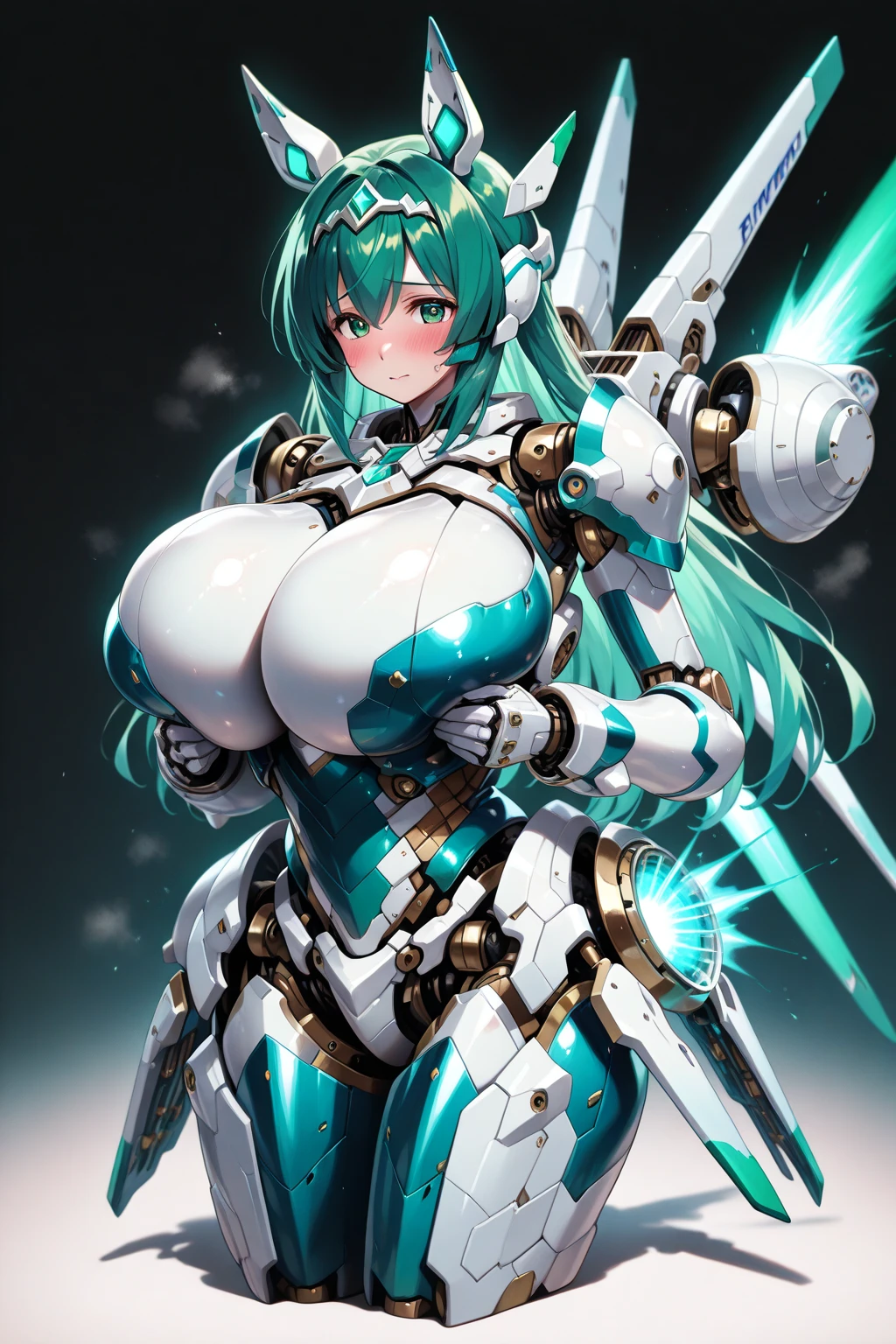 Copper bikini armor, copper crown, bare belly, big breasts, green hair, red eyes, bikini armor, copper, copper automaton, technology