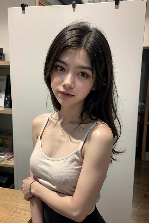 Top quality 1 woman See-through tops、big breasts、Plump thighs、Navy Camisole、(White wall as background、Part of her hair is sky blue:1.4)、white wall、Taken in front of the white door、(A room with a white wall and a window)、((highest quality、8K、masterpiece:1.3))、ultra high resolution、(photorealistic:1.4)、raw photos、Japanese,(details face)、real、Shot in natural light、Highly detailed face and skin texture、highly detailed lips、correct state of the human body、medium hair、black hair、various poses、natural color lip、leaning forward