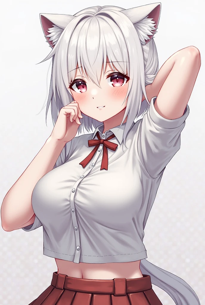 best quality, amazing quality, very aesthetic, absurdres, (1girl, mutsuki, blue archive, solo, red eyes, white hair, side ponytail), (realistic face:0.7),(open shirt:2), (grin, lowleg bikini, ), nsfw, (cowboy shot), (glowing eyes:1.1), (half closed eyes:0.9), (thigh), expressive eyes, perfect face, 4k, extremely detailed anime illustration, extremely detailed eyes, perfect anatomy, light rays, extremely delicate body, smooth skin, (gray background:1.5), clear eyes, beautiful face, small breasts, (Chiaroscuro:1.5), (highres:2), cinematic