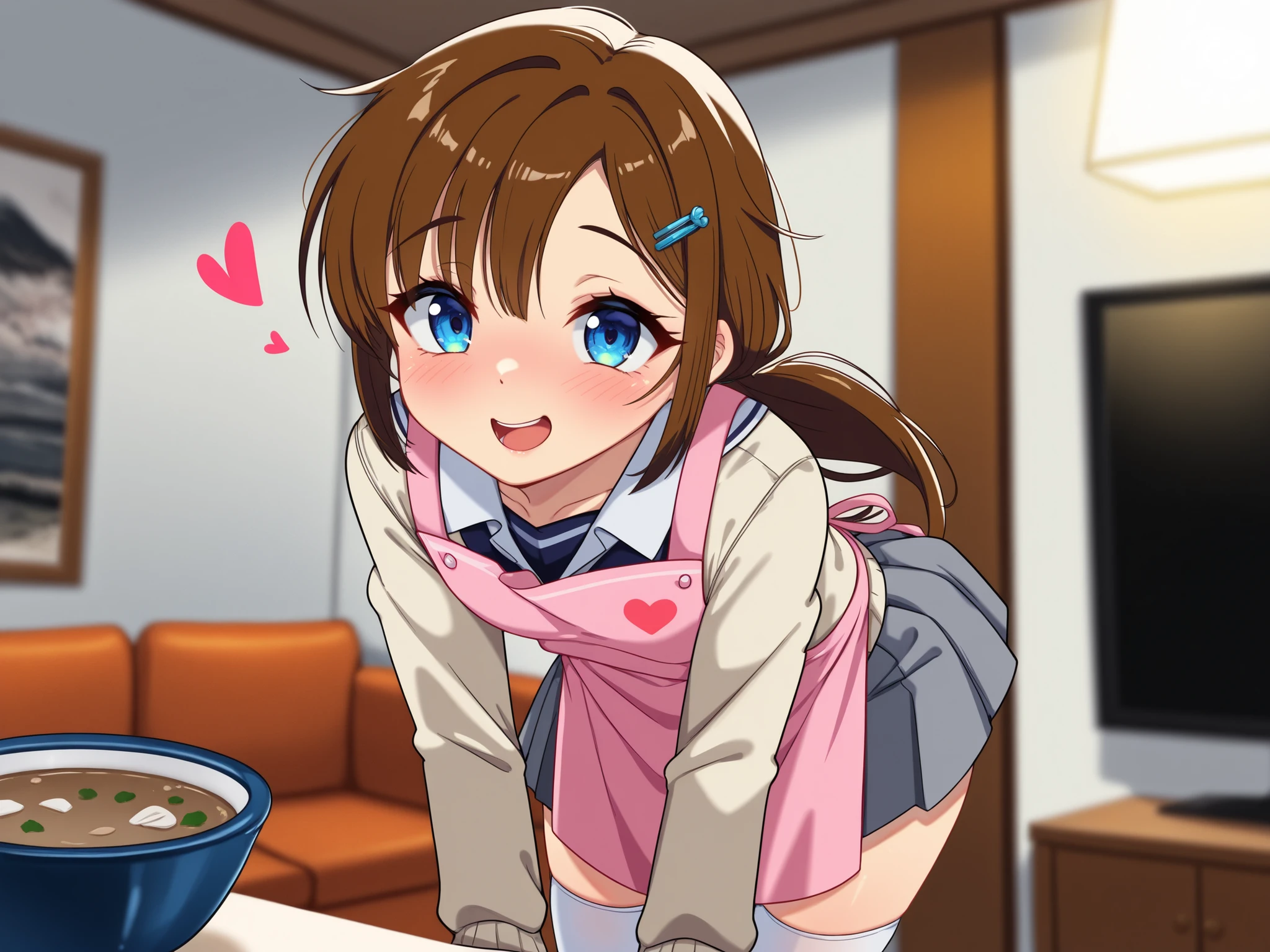 Tokai Teio \(umamusume\), ((Highly detailed eyes)), masterpiece, Highest quality, ((abnormal body, Small breasts)), (Horse tail) ,smile, blush, (indoor, office, living room), whole body, frontage, Long ponytail ,Completely naked, ((nsfw)) , (spread pussy by herself with both hands completely:1.4), open legs, spread legs