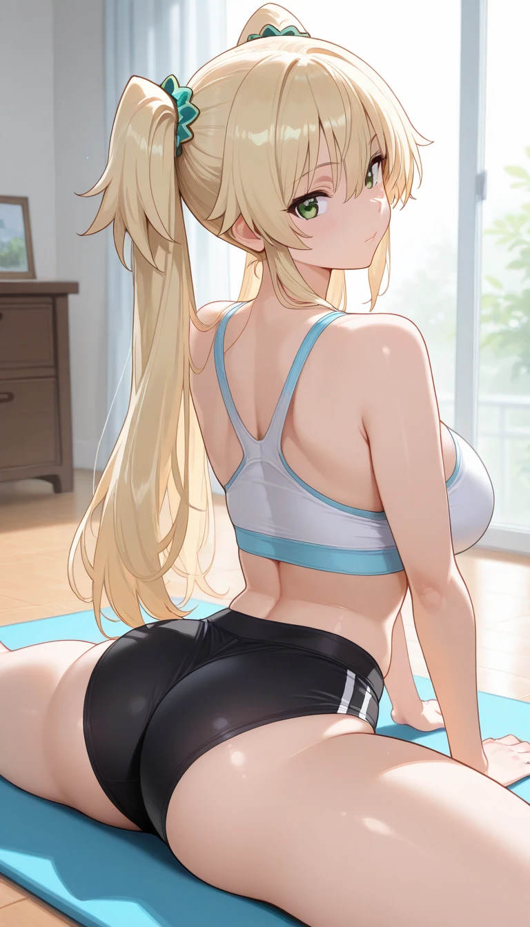 Highest quality, Huge breasts, Huge Ass, Very curvaceous, Dark brown skin, Long blonde hair, Yellow Eyes, Lewd, Improve, Fuller lips, Fascinating, smile, Gym, White clothes, yoga pants, Gym, Dark Skin, Sunburn, White clothes, yoga, doing yoga, yoga pose
