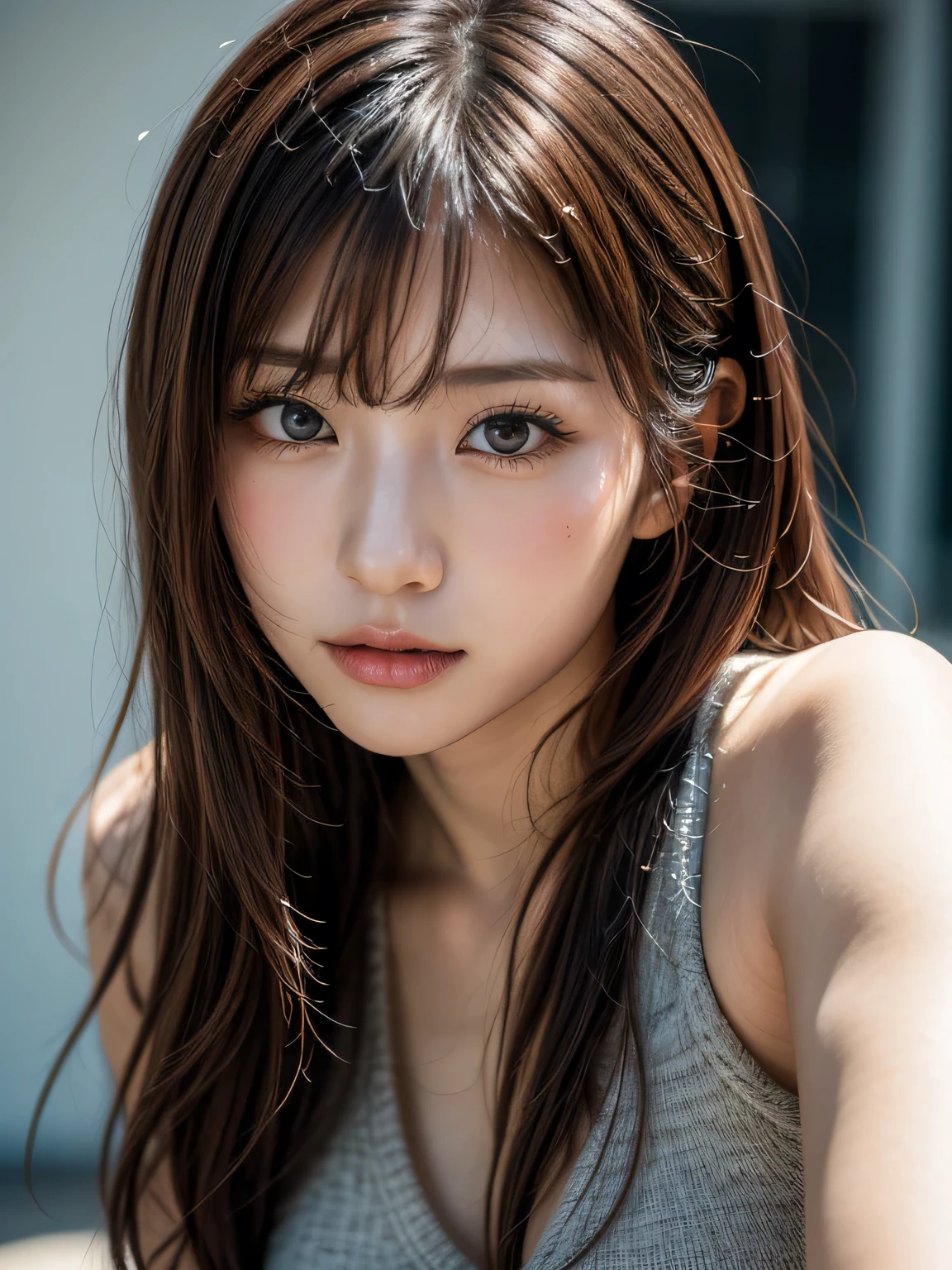 (A hyper-realistic), , (hight resolution), (8K), (ighly detailed), (The best illustrations), (beatiful detailed eyes), (top-quality), (ultra-detailliert), (masterpiece), (mortar wallpaper), (Detailed face), a park,Armpit, Thick,,,solo,A girl, full of sweat, japanes, ,Concrete background、Tile background、Upper body,Medium Hair