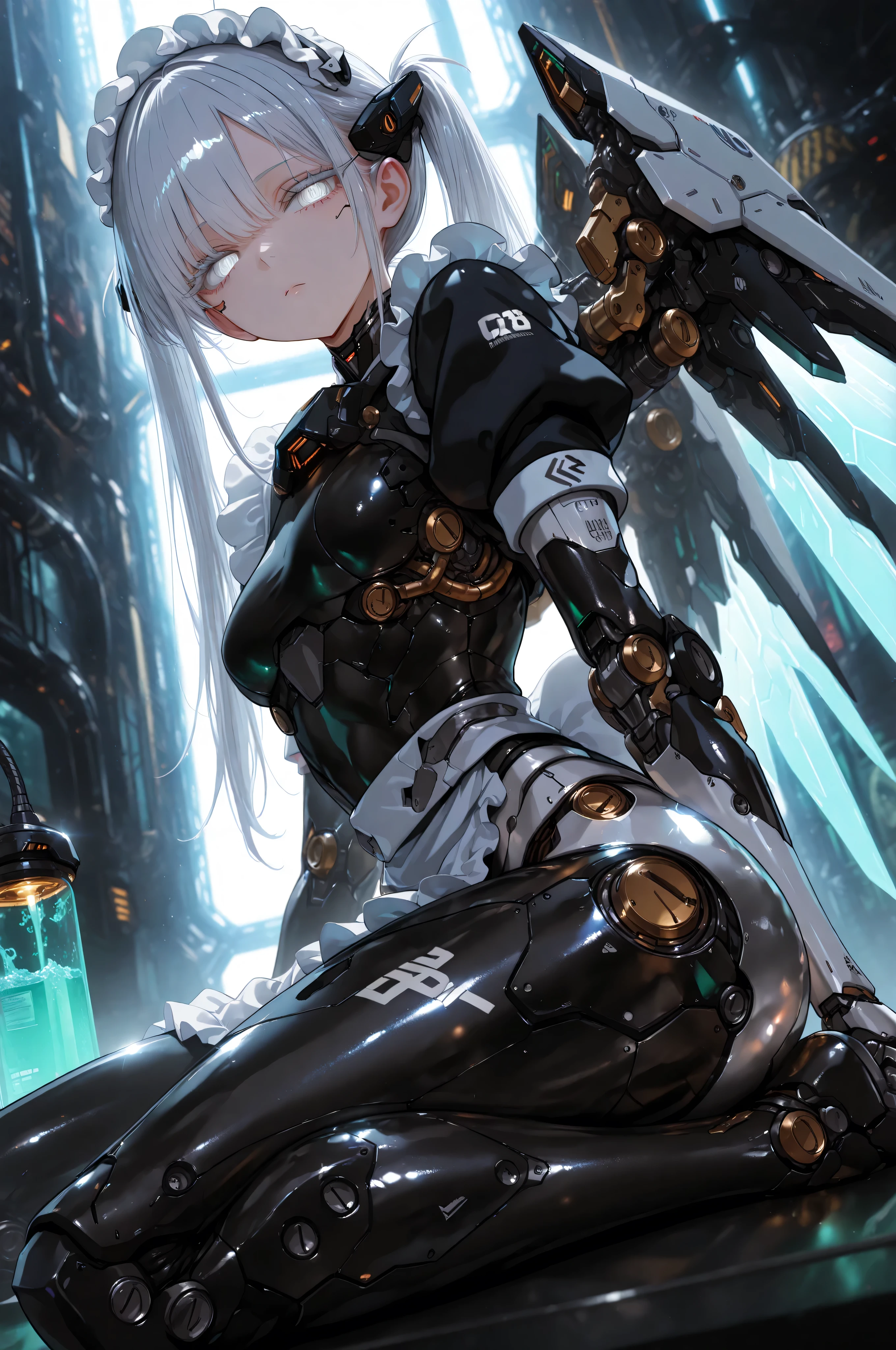 A badly damaged mechanical robotic angel with one arm torn off, power cables leaking fluid, sparks flying, and its mechanical wings torn and damaged. The Angel has a beautiful european womans face, blue eyes and stunning silver hair