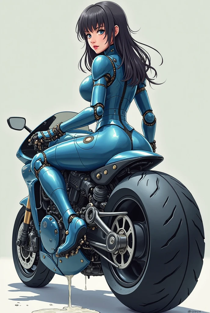 masterpiece, (masterpiece, top quality, best quality),1girl, solo, bodysuit, breasts, long hair, white background, smile, simple background, medium breasts, helmet, looking at viewer, skin tight, sitting, lips, blue bodysuit, motorcycle, black gloves, gloves