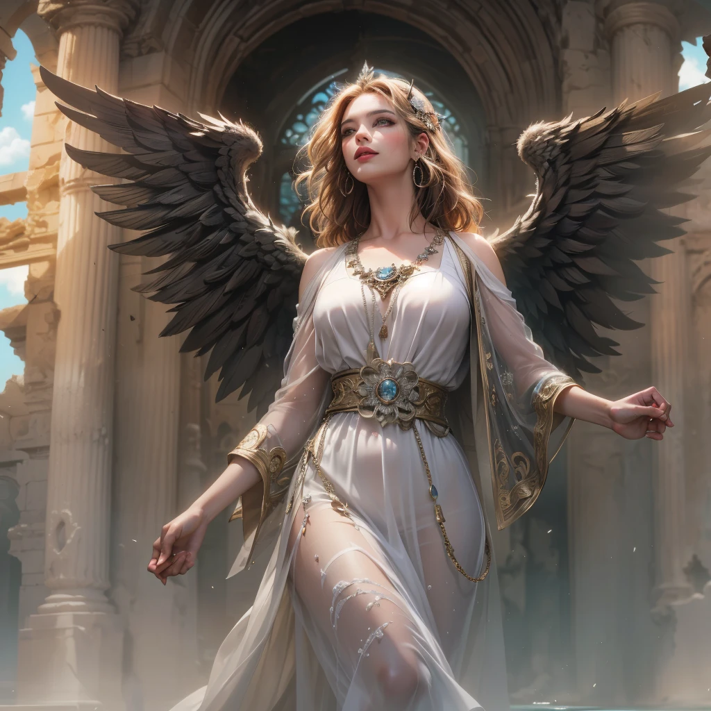 full - body: 1.6, (((Posture of walking facing the viewer, Slow motion, (Rogue thief: 1.2) The woman))), (((The face is sad))) (((multi-layered sewn garments, white silk cloak, black silk dress))), (intricately patterned cloth: 1,2), (insanely detailed, Blossoming: 1,5), (topquality, Alessandro Casagrande,
by Greg Rutkowsky, Sally Mann, ConceptArt, 4k), (analog:1.2), (High Sharp), (Detailed pupils:1.1), (painting:1.1), (digitalpainting:1.1), detailized face, eyes and body, tmasterpiece, beste-Qualit, (Highly detailed: photo:1.1), 8K, photo-realistic, (long lush hair, ecstasy:1), (A young woman:1.1), by Jeremy Mann, by sandra chevrier, by maciej kuciara, Sharp, (the perfect body:1.1), realisti, A real shadow,  3d, (Background of the Castle of Europe:1.2), (Michelangelo), the angel of death, Innocent, eyes, diadem, angel wings, black clothing, full - body, Hands Behind Your Back, The sky, Halo, postapocalypse, Detailed armor