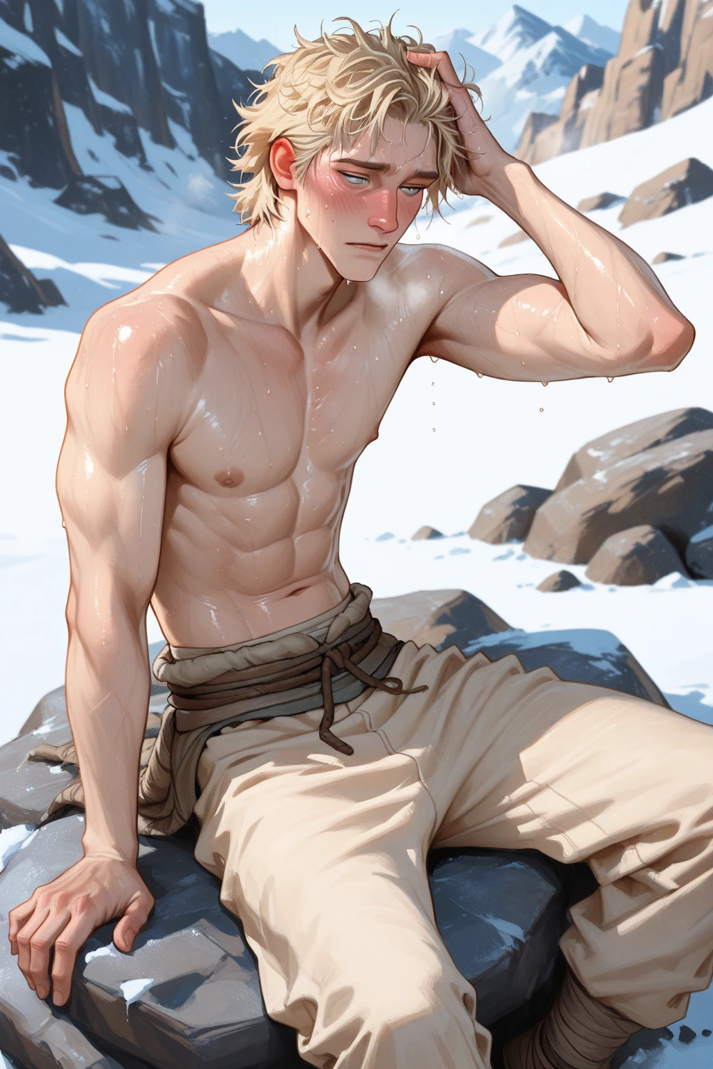 15-year-old boy, Upper body naked, White briefs ,Smooth Skin,In the mountains,  Black Hair,   Thin、Beautiful Boy