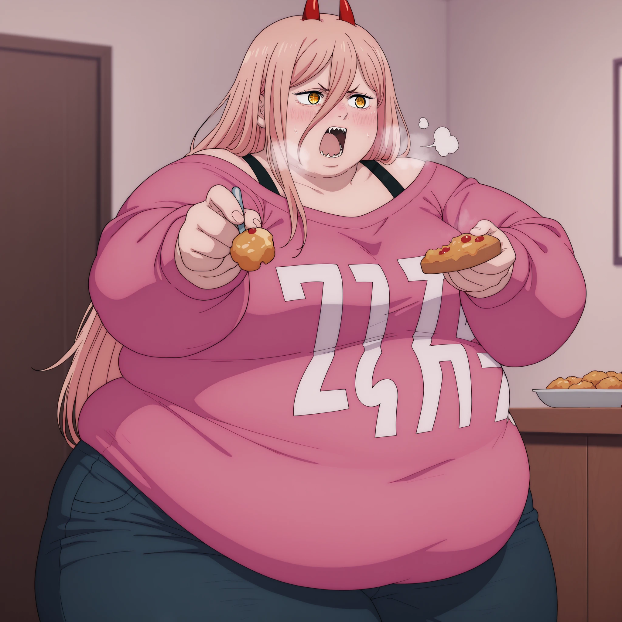 (((baby))), bikini, fishnet stockings squeezing thighs, Belly expuesto, ((hands on breasts)), ((red hair with fringe)), ((obese chubby))), ((fat face)), (((big belly))), (((open mouth))), fat and wide thighs, Belly, (((tender))), (((in a room standing in front of a large pizza))), detailed background, ((full body image)),