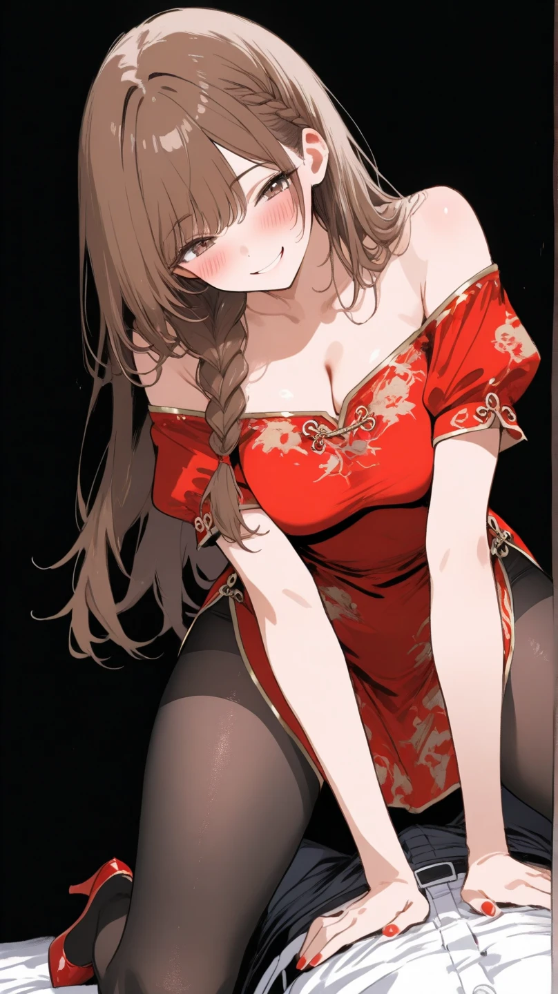 slender, mature female,blurry_foreground, blurry, depth_of_field, rating:safe, breasts, brown_hair, pov, looking_at_viewer, blurry_background, brown_eyes, ponytail, cleavage, long_hair, 1girl, dress, motion_blur, bangs, blush, jewelry, sleeveless, bare_shoulders, large_breasts, medium_breasts, lips, scrunchie, smile, sidelocks, solo_focus, 2girls, multiple_girls, hair_ornament, solo, red_dress, swept_bangs, sitting, closed_mouth, pov_hands, earrings, sleeveless_dress, chinese_clothes, indoors