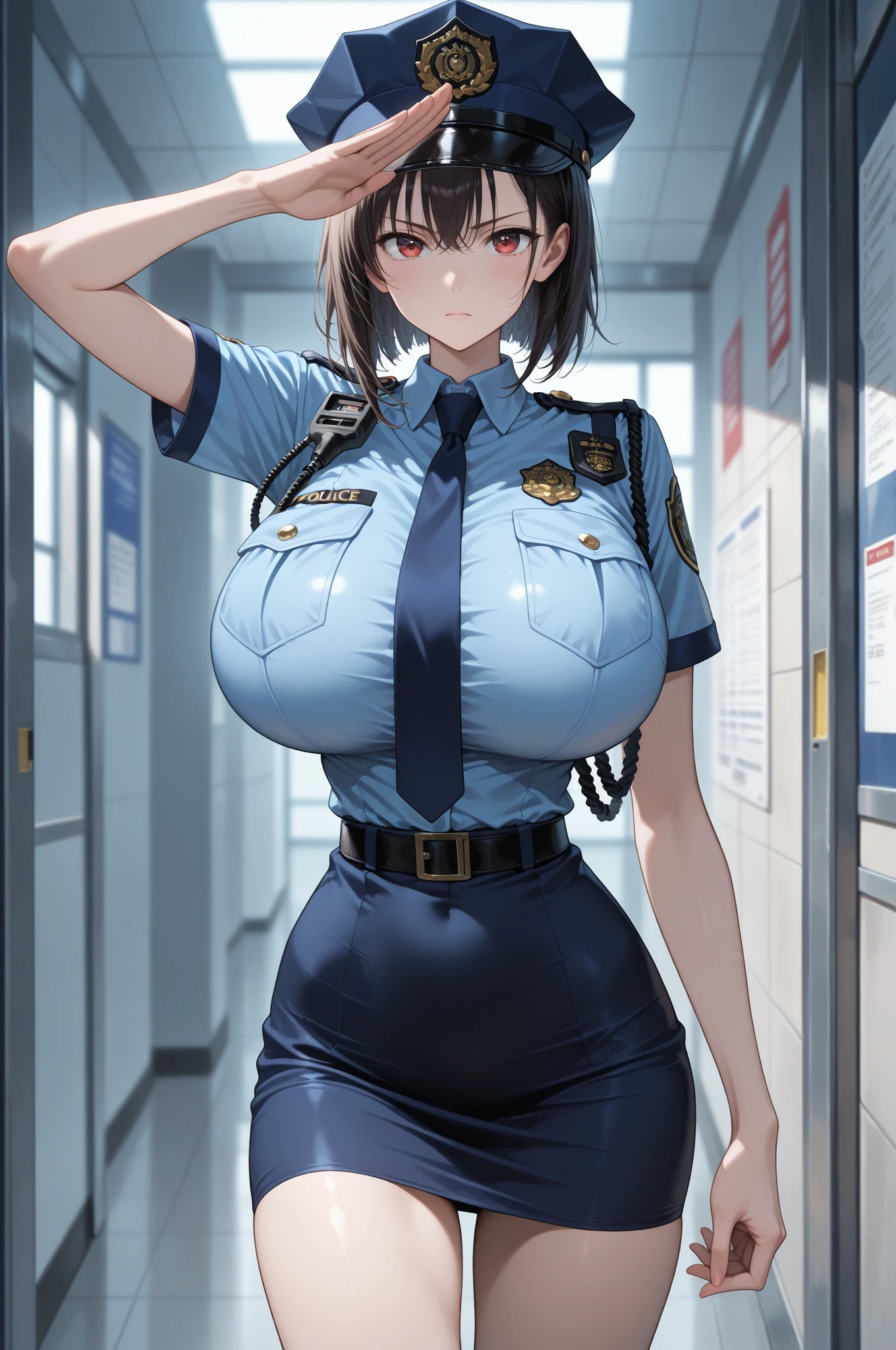 (1 female police officer), Ultimate Beautiful Mature, hyperdetailed face, Detailed eyes, Double eyelids, Detail lips, Short brunette hair, (Light blue fancy blouse), (Black tight mini skirt), (Big breasts), lightsmile, thighs thighs thighs thighs, Standing, ((Cowboy Shot)), depth of fields, Perfect litthing, (Photorealsitic:1.4), (ultra-detailliert), (top-quality), (Best Shadows), (​masterpiece), Ultra High Resolution, Background with: (toyo city),Dark eye makeup、Bright red lipstick, Slim outfit
