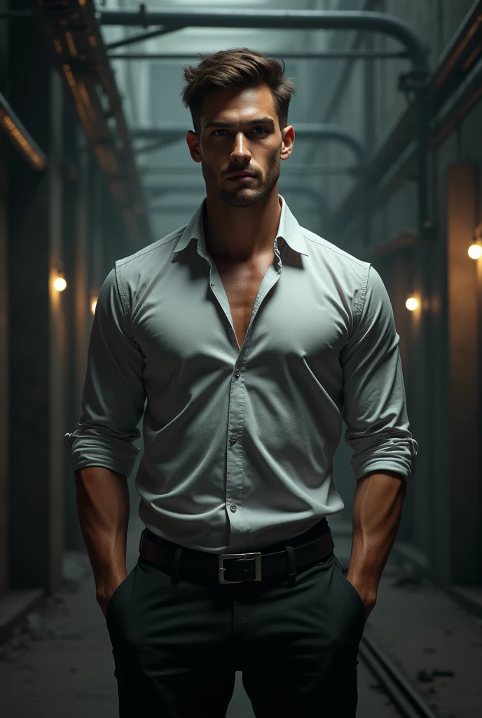 Henry Cavill-looking man wearing a dress shirt, com pose de luta, cabelo curto preto, pointing forward with your right arm, apontando o dedo indicador.