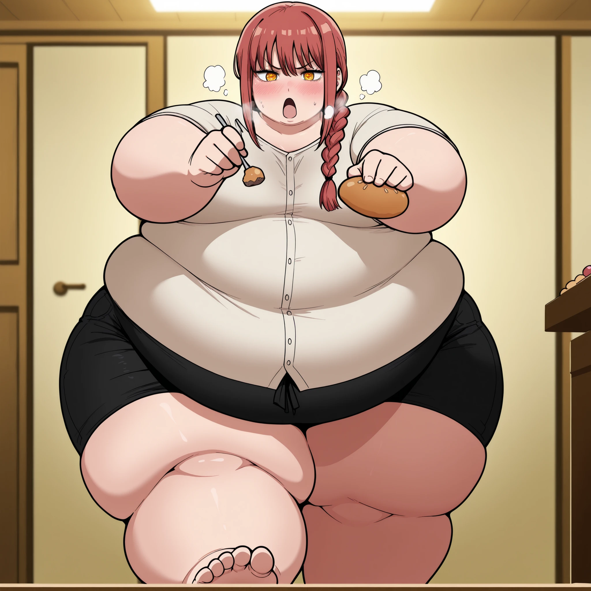 ((baby)), long orange hair, sweating, beautiful eyes, open chest bikini, in a room, ((in a pizzeria)), blushing, ((open mouth)), beautiful eyes anime, ((perfect hands)), ((perfect feet)), beautiful face, ((tits)), gorda, morbid obesity, ((fat blob)), ssbbw, very swollen fat belly, fat wide thighs, very wide hips, fat legs, High resolution, ultra-sharp, 8k, masterpiece,