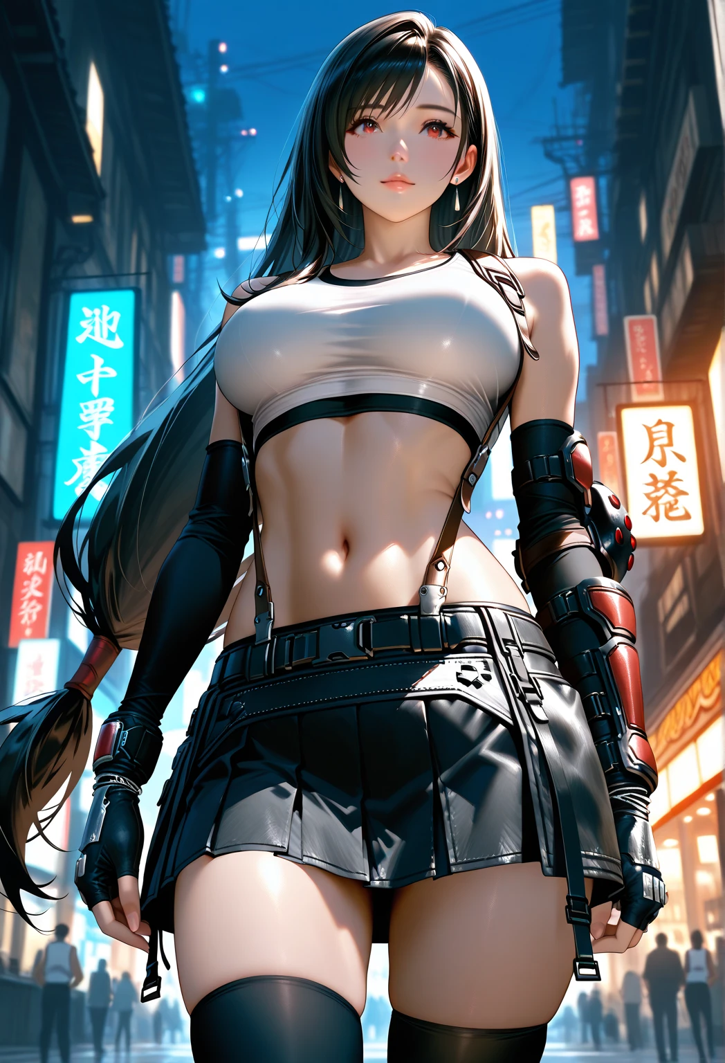 Fashion photography of real-life Makima from Chainsaw Man, in an action pose with an amazing camera angle. The setting is a dynamic urban environment, with buildings and neon lights in the background. The composition centers Makima, capturing her mid-movement with a powerful stance. The lighting is dramatic, with intense highlights and deep shadows emphasizing her features