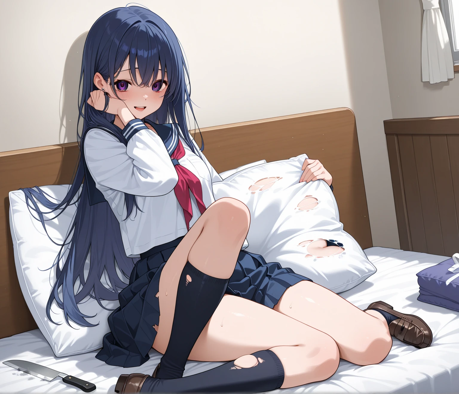 Unconscious, wearing only a school uniform skirt, beautiful girl, small breasts, one girl with small breasts, bed in the bedroom, showing her side, drool coming out of her mouth, sperm from her pussy, twitching, Umeharu, high school student