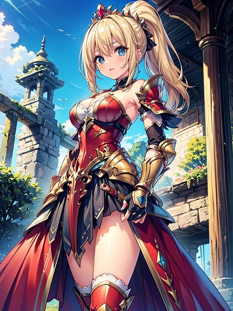 score_9, score_8_up, score_7_up, score_6_up, score_5_up, score_4_up, 1girl, fleur wearing bra and panties with garter belt & stockings, skimpy armor, defensive pose, Sword and shield, castle, red carpet, brown stone, 