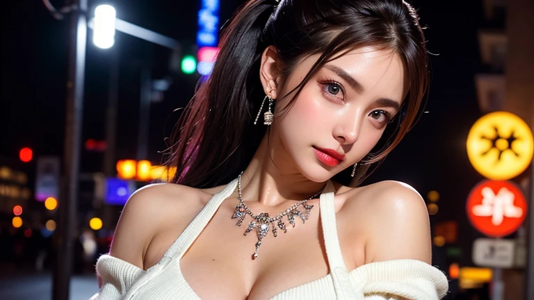 (masterpiece, highest quality, 8k, Sharp focus, Depth of written boundary, Best Shadow, Perfect lighting, High resolution, Realistic skin texture, ultra-detailed background, detailed), Anime Style, Two women kissing (One of them has green eyes., White skin, Black hair ponytail, choker, Small breasts, slim, compensate, eyeliner, Sparkling), (The other woman is blonde.), At the nightclub, Cyberpunk Theme, Cyberpunk City.