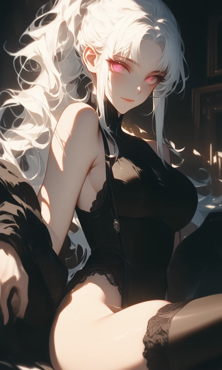 ((masterpiece)), (high resolution), (best quality), (Super detailed), (illustration), The original, Extremely detailed 8k wallpaper, ((1 girl)), (extremely delicate and beautiful), forest, Sunlight, Light Particles, ,Lovely, ((Messy hair)), Very long light white hair, Red Eyes, Bare shoulders ,Delicate legs, Black skirt , Devil's Point,Looking at the audience,sitting,from the side, Small Breasts,
