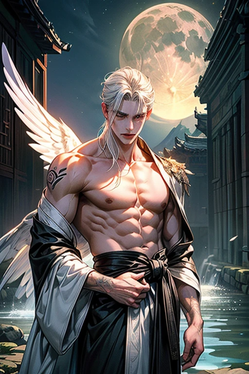 Powerful angel tall handsome strong muscular silky white hair wearing a water and gold sleeveless tunic and wearing shorts being defeated and possessed by a powerful demon