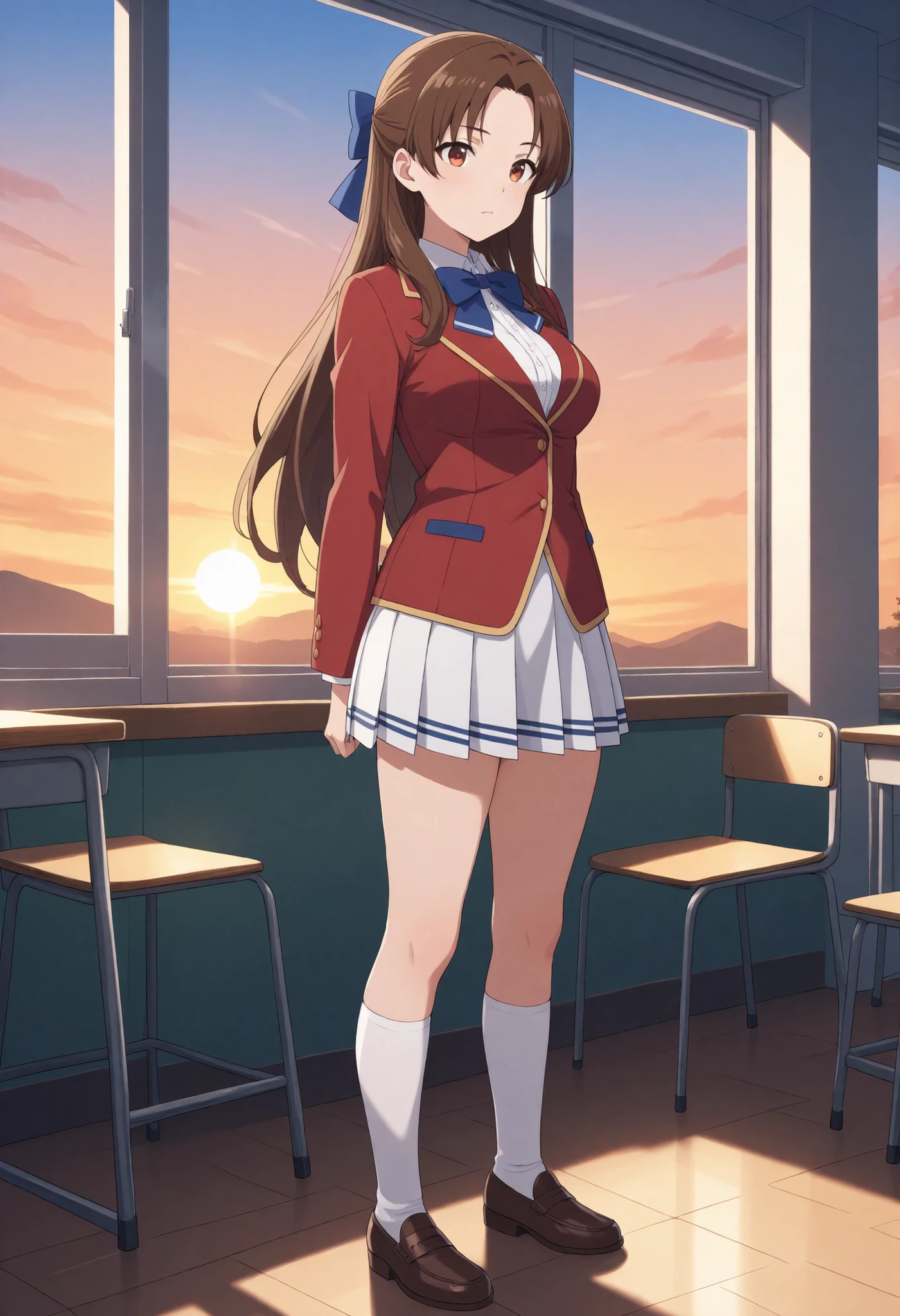 Masterpiece, hd, best quality, 1girl, kiyotaka_ayanokouji, long hair, hair bow, brown hair, medium breasts , forehead, parted bangs, school uniform, red blazer, blue bowtie , white lace shirt, white pleated skirt,knee socks ,loafers, standing posture, indoor ,glossy lips,closed mouth, from front ,classroom ,sunset, full body