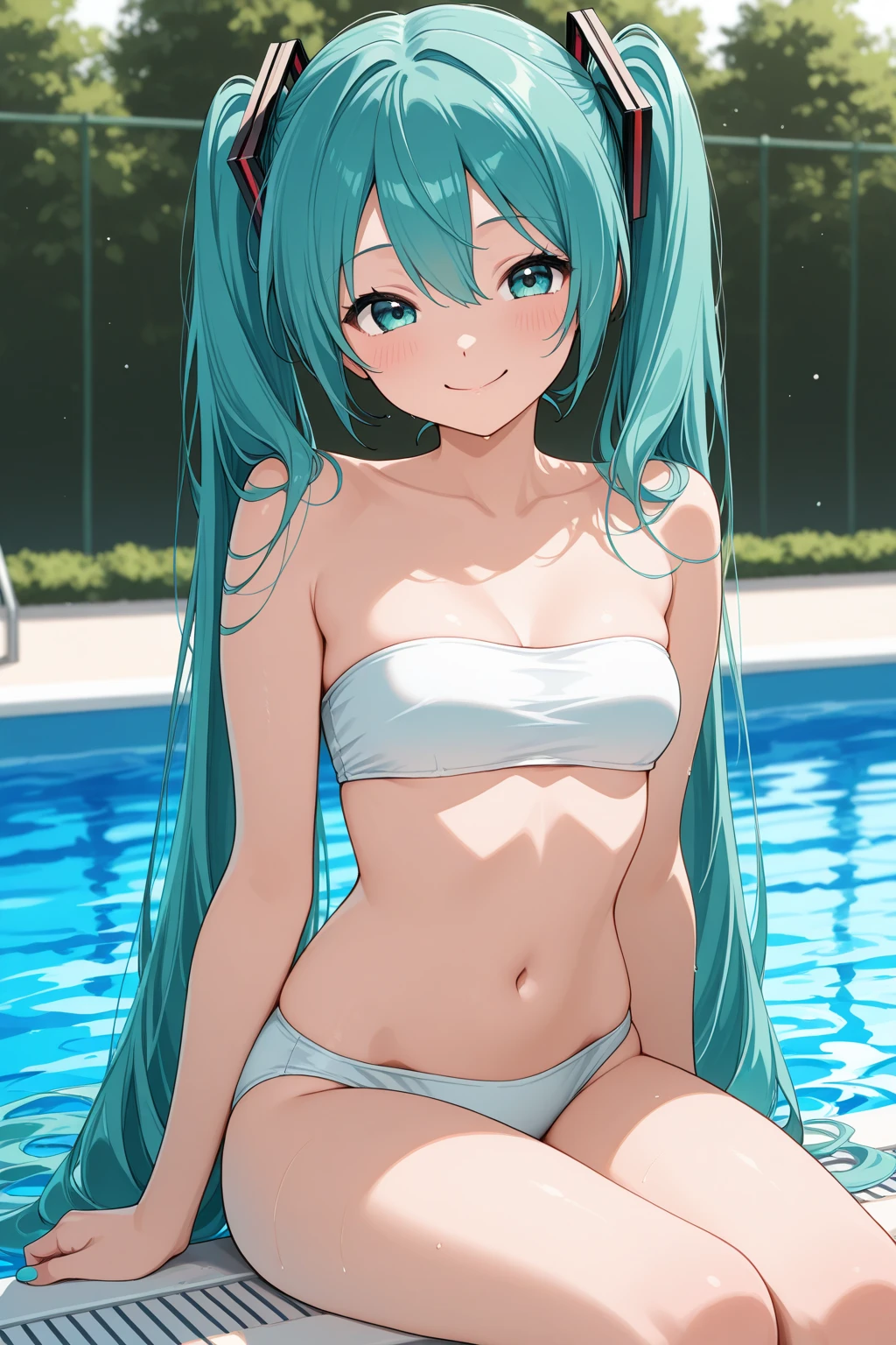 Hatsune Miku spreads her legs and lies down in a soaking white bikini. She wears jewelry and has very little breast coverage. Her breasts are completely exposed. Her breasts are not big at the beach.
