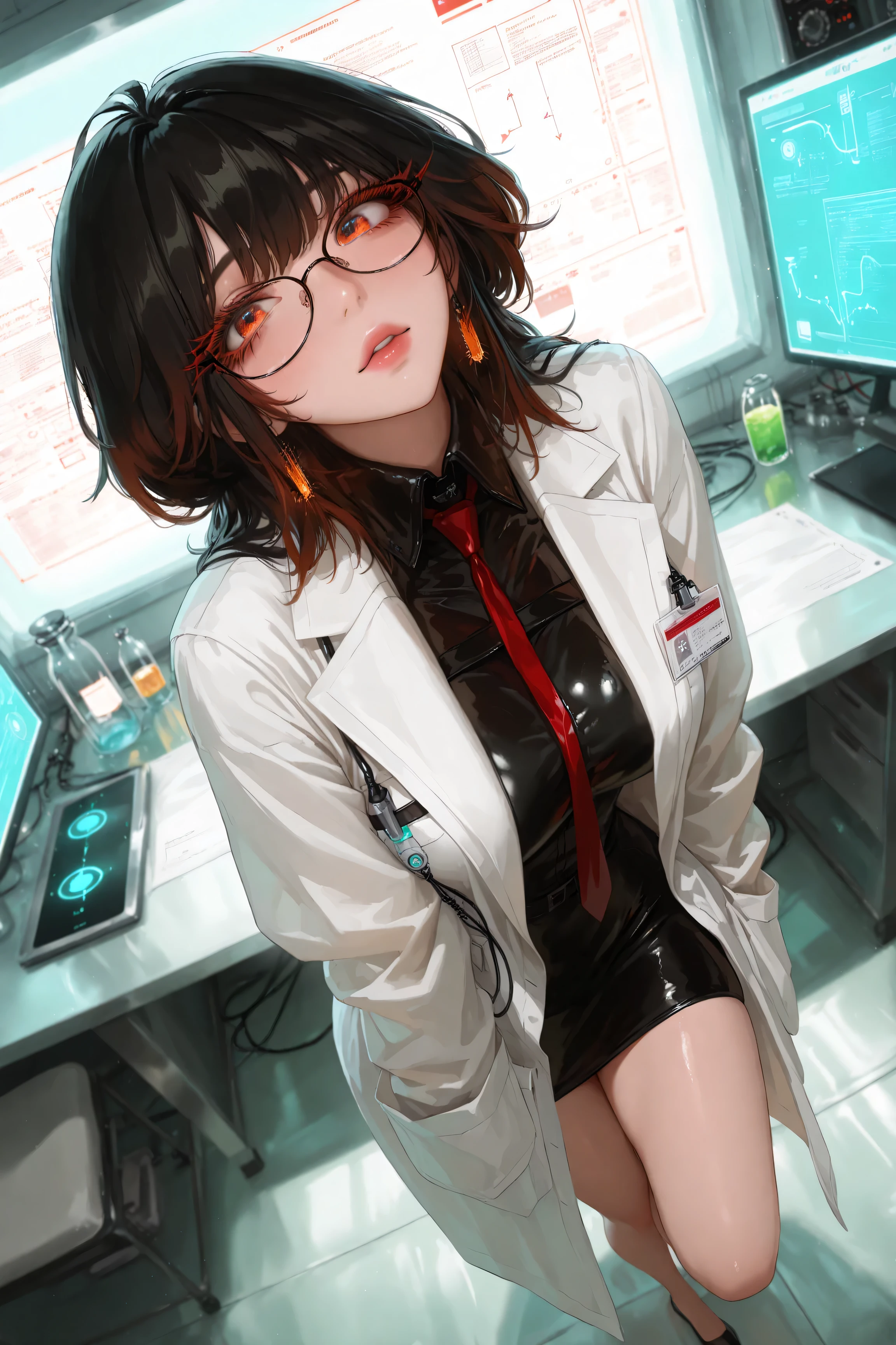 Masterpiece, high quality, high resolution, 16K, Makoto Shinkai illustration, detailed background, hyperrealistic, digital painting, beautiful face, long eyelashes, fair skin, big eyes, glasses, full body, long black hair, shaggy hair, stupid hair, beautiful skin, science girl, lab coat, troubled face, researcher, doing experiments doing, bio experiment, lab, white board with complex equations, messy desk, dynamic angle, BEAUTIFUL mechanics,