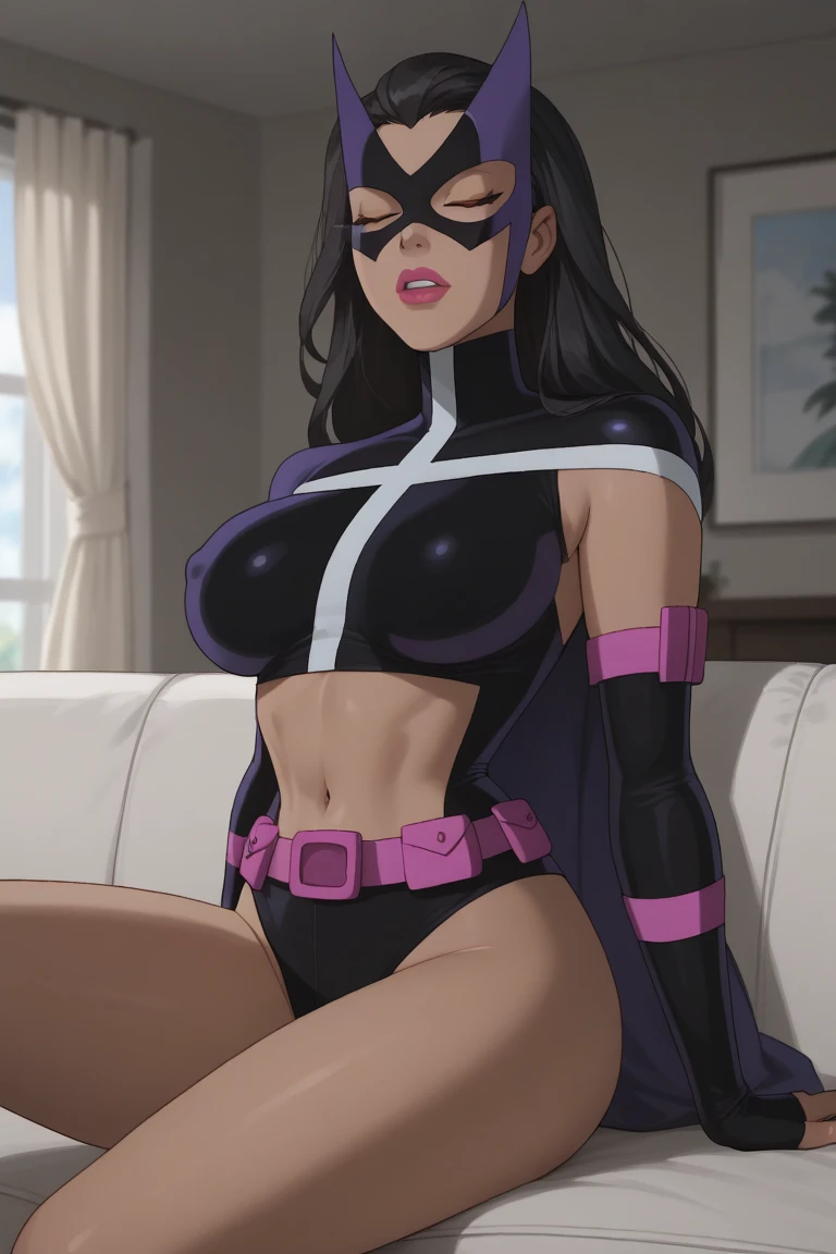 Masterpiece, best quality, Masterpiece, best quality, 1 woman, Tanned skin , long black hair , sly face , purple bikini , big breasts , abdomen , Long legs , sit down on the sofa , Spread your legs , Barefoot , abandoned factory , at night