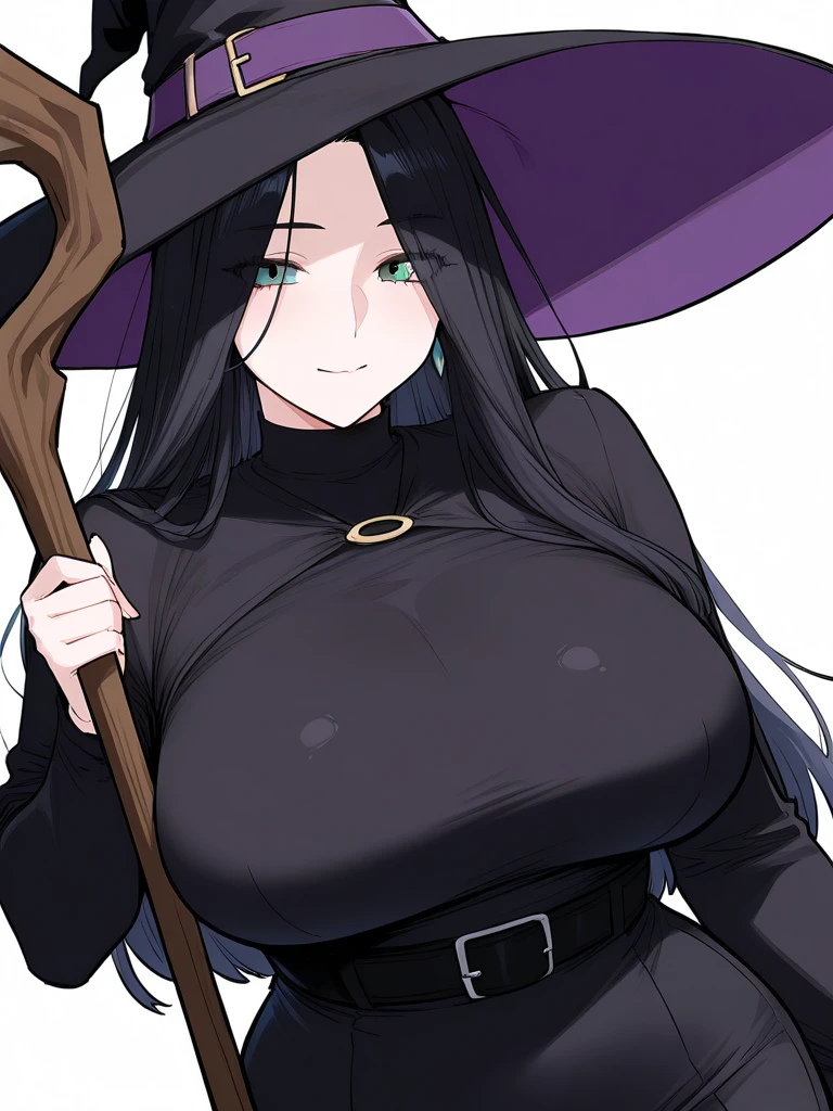 Sexy witch, (((Bangs Covering Eyes))), black hair, thick lips.Long hair. Dark skin, full body standing , (((Hands on waist))), Black dress, cleavage, , Strapless dress,Thick thighs, big breasts, Sexy witch dress. Witch hat, inside a cave, walking sexually. Skirt that wraps hips