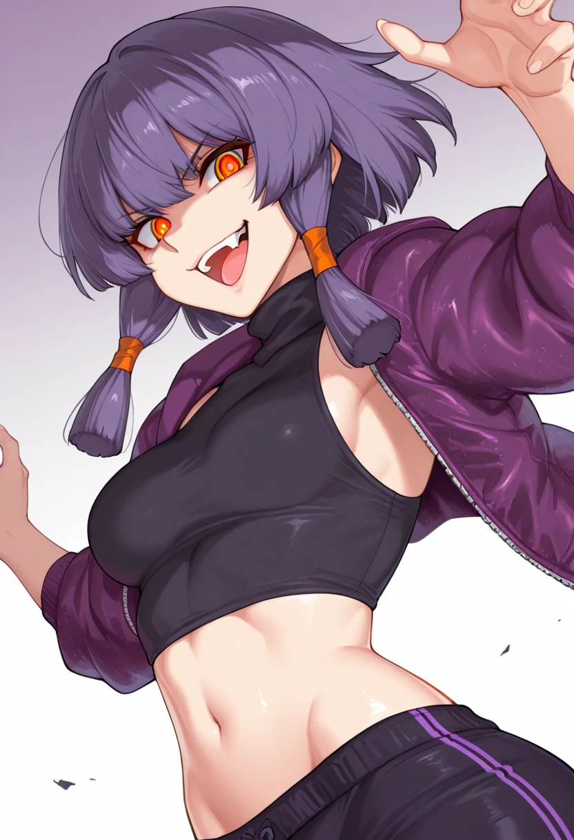 lucky star, nanakusa nazuna,

1girl, bangs, black background, black jacket, black shirt, black shorts, blue eyes, blunt bangs, breasts, cleavage cutout, clothing cutout, crop top, eyeshadow, fangs, gradient hair, grey hair, hair rings, jacket, light purple hair, looking at viewer, makeup, multicolored hair, navel, open mouth, red eyeshadow, shirt, shorts, sleeveless, sleeveless turtleneck, sleeveless turtleneck crop top, small breasts, solo, stomach, turtleneck, turtleneck crop top, two-tone hair, vampire, ((masterpiece))

<lora:nanakusa_nazuna_offset:1> <lora:lucky_star_offset:1>