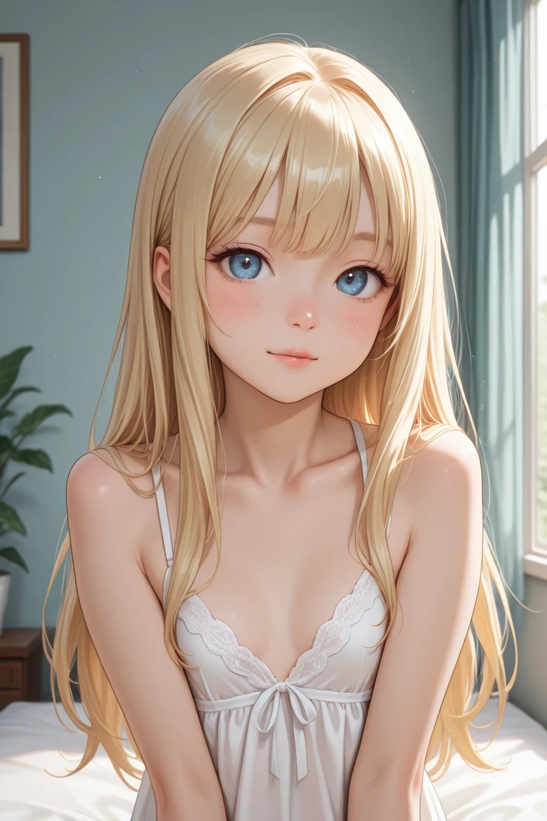 A light blush and a smile, (Masterpiece of the highest quality:1.2) Delicate illustrations, super detailed, /Beautiful Japanese Women、1 person,Very cute and slim、Outstanding style 、((8K images、super high quality))、Very delicate face, Skin and Hair、Red lipstick、Long Hair、straggling hair,(((((Gradient Hair、Blonde))))),Very cute Japanese cut face、Eyes and nose are clearly visible、Kind eyes,(((Off-the-shoulder sweater、Watching the audience)))、full body shot