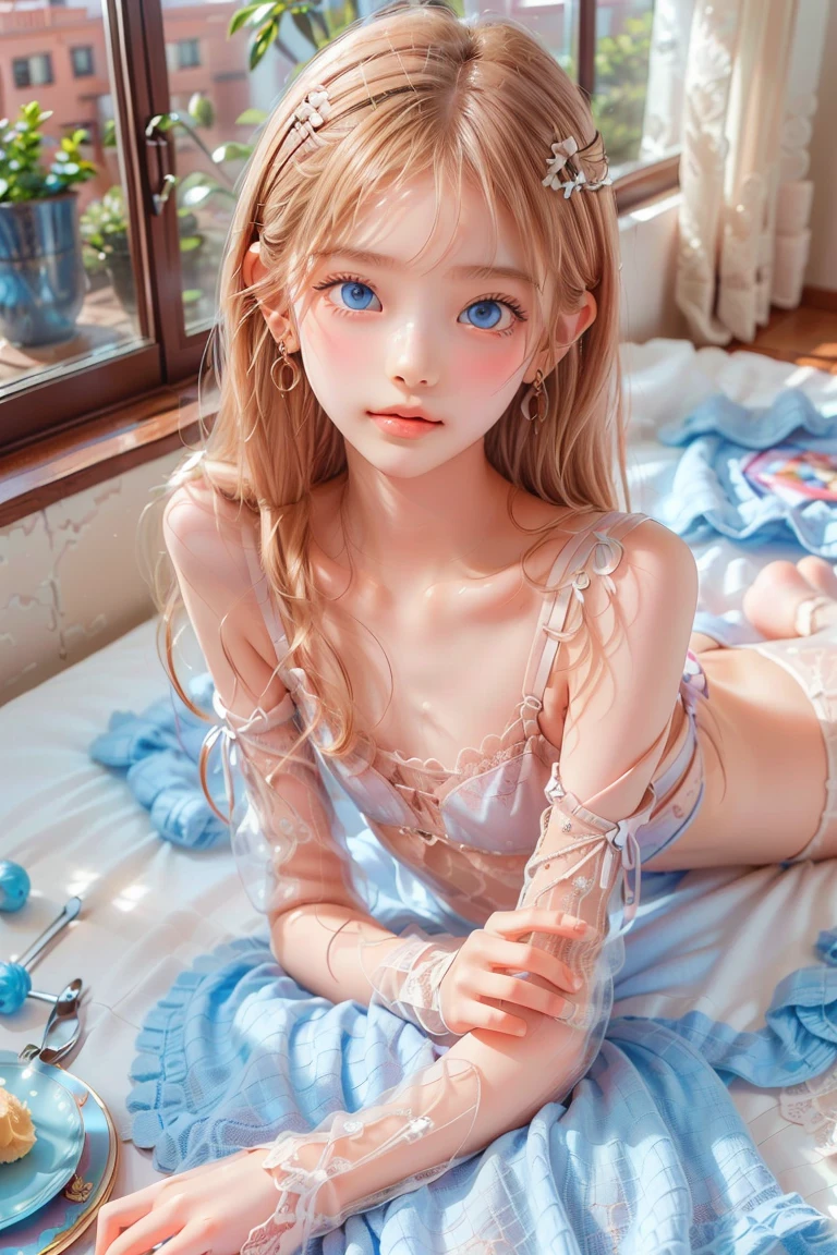 Bright expression、Photorealism,Anime Style、highest quality、超A high resolution、picture、Photos of the most beautiful Scandinavian anorexic girls、A cute and beautiful face down to the last detail、Small Face、(Purelos Face_v1:0.008)、Beautiful Bangs,17 years old、Completely naked,Glowing White Skin、Thin and slender body,Small Tits(A Cup),ponytail、Bangs on the face、Hair between the eyes、Super long hair、Glamorous light platinum blonde super long silky hair、Beautiful bright transparent light blue big eyes that are charming and shining、double eyelid、eyeliner,Completely naked,Thin legs,Spread your legs,Writhing in bed,To urinate,Wet body,Cramp,Get orgasm,