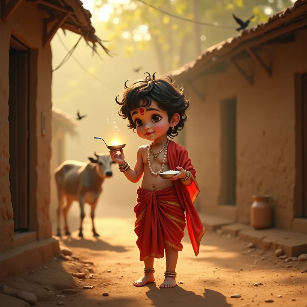 Beautiful kids lord krishna eating butter sitting on ground in outside of his home in mathura and calf are seen near him.ma Yasuda smiling and working her daily work