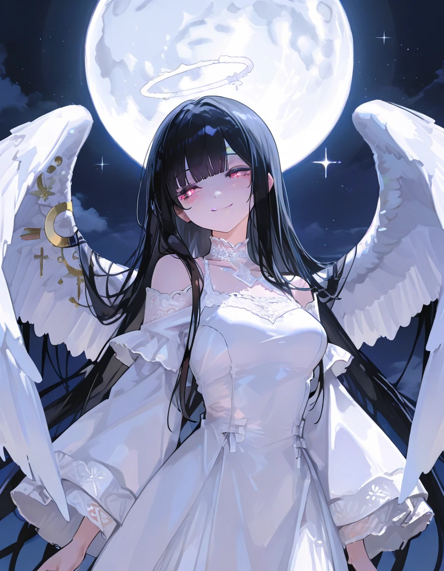 Adult Anime girl with long straight still black hair with white highlights, golden eyes,night gown, detailed body, detailed eyes, masterpiece, best quality, aesthetic, standard pose, 8k, high resolution, ultra-sharp.