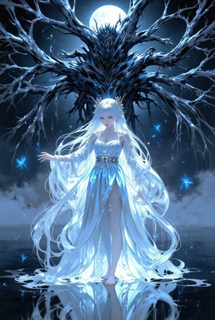 a spectral and elegant creature inspired by Greek mythology. It must have a somewhat strange and otherworldly appearance. Your body could be elegant and dark, with ethereal accents, shine light. Consider incorporating elements that represent your connection to the underworld, like blows of darkness and fainting, glowing symbols. in a dynamic and confident pose, as if ready to guide souls across the mystical River Styx. Must exude a sense of authority and power, in line with Charon's concept, The boatman of the dead.