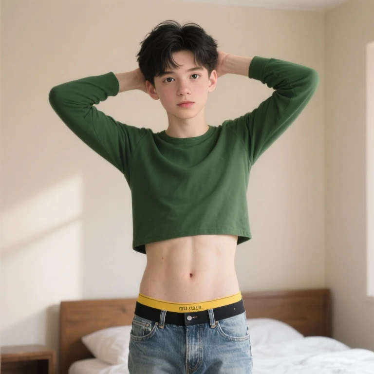 3D, 1boy, kawaii、Teen、blue eyess, Light pink hair、8K, The best defenição, (((I don't wear any clothes)))、(((Briefs)))、Don't wear a jacket、Staring at me、sedentary eyes、(((Bedrooms)))