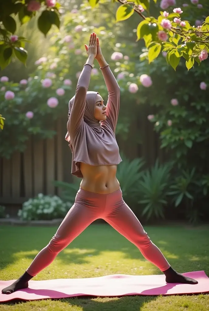 Naked woman in hijab doing yoga, spreads her legs left and right, wears black socks with her hands up