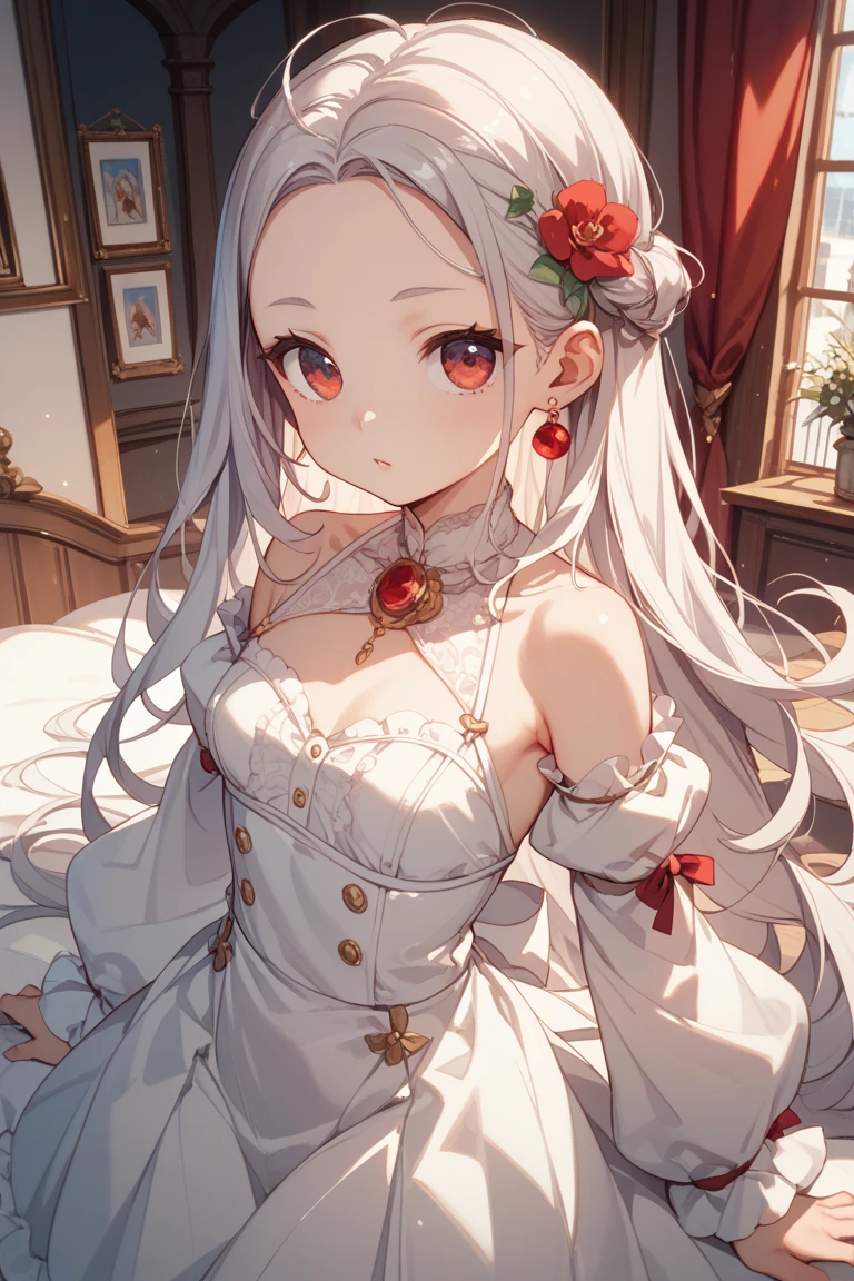 masterpiece, best quality, an extremely delicate and beautiful girl,an extremely delicate and beautiful, world masterpiece theater, ultra-detailed, highly detailed, best quality, white hair, highres, extremely detailed,1 girl, best quality, illustration, looking at viewer, impasto, canvas, oil painting, realistic, realist ,real, crimson eyes, Gothic loli, Holding a ruby earring, a gentle smile