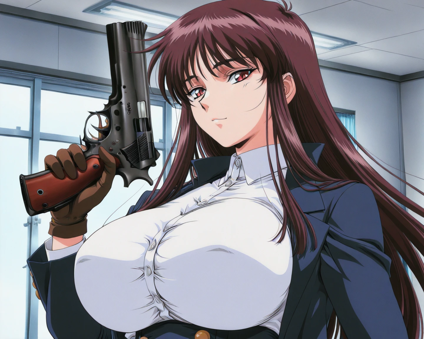 masterpiece, ultra high quality cg, anime, best quality, perfect image, solo, outside, standing, aiming at viewer, holding revolver, revolver, rio, very large breasts,