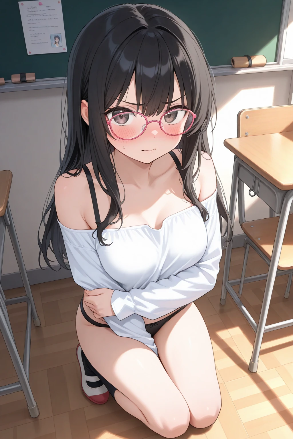 (8k、Best image quality、highest quality、masterpiece)、Detailed face、One girl、red Eyes、embarrassed,shy、((Grin))、huge breasts、((see through white shirt))、((see through))、((nipples)),((nipples visible)),((black mini skirt))、((open pussy))、sit、spread legs、white buggysocks,Shoot from below、sitting on desk,in school classroom,classroom background,Nipples,Oppai,fingering pussy,vaginal finger,hand to pussy,touch oun vagina,Exposure,pussy juice,wet pussy,cum on face,milk made braids,black hair,glasses,loli,