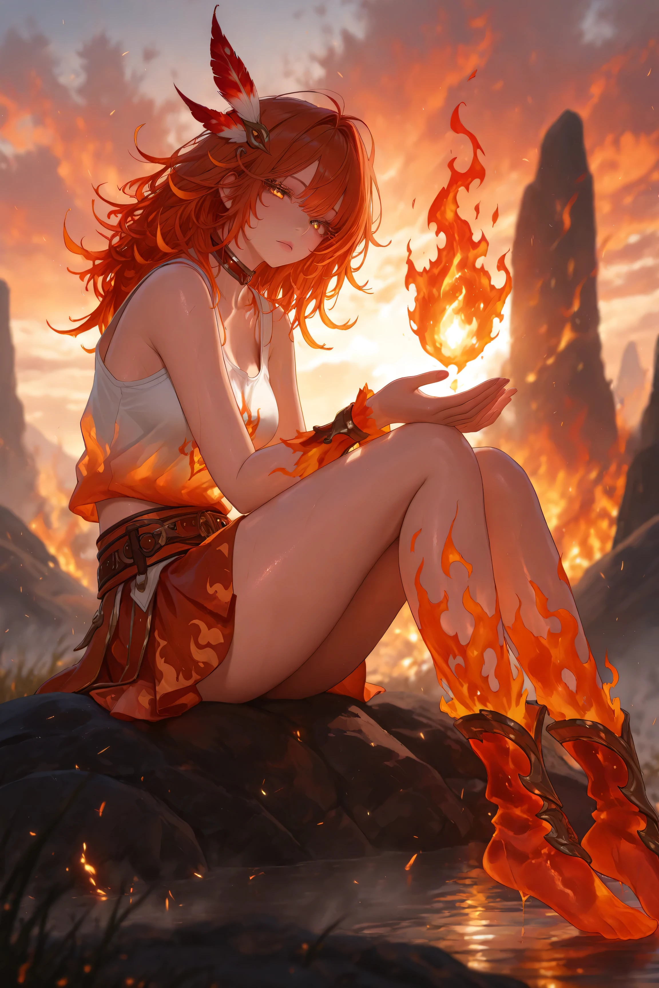 Masterpiece, high quality, high resolution, 16K, highly detailed background, digital painting, unreal engine, Makoto Shinkai illustration, hyperrealistic, fantasy, ite girl, beautiful face, beautiful skin, long eyelashes, beautiful eyes, beautiful legs, full body, flame feathers, Orange hair, messy hair, red tips, feather hair ornament, golden eyes, fair skin, flame pattern all over, tank top and skirt, white and orange based clothing, transparent material, choker, expressionless face, fire magic, fire spirit, burning flames, burning sunset,