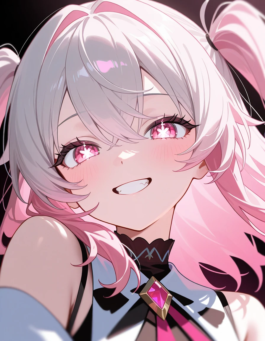 a girl, cosy sweater on, upper body, (smile), (open mouth:1.1), (wide open eyes:1.2), sun glare, bokeh, depth of field, blurry background, light particles, strong wind, (heart particles:1.1),(white hair), side_braid long wavy hair, blue earrings, black shirt turtle neck, violet eyes