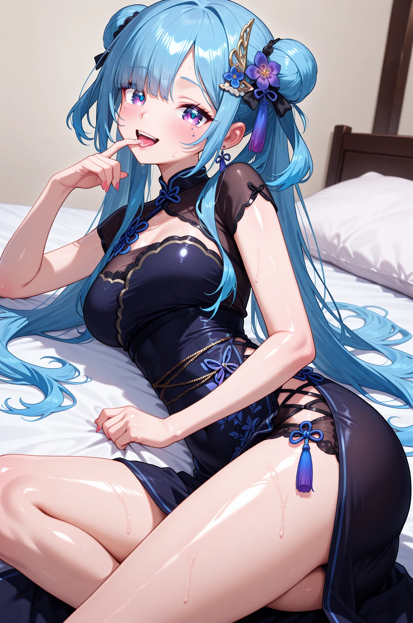 1girl, solo, 19years old, (small breasts), ((cleavage)),
(blush:0.8), ((shy face)), happy, smile, cum, laughing,
(Depict from HIP to head) ,
Black Hair, Straight Hair, medium Long Hair, bangs, Hair between the eyes, Reduce hair volume,
Sparkling blue eyes, eyelashes, looking at viewer,
Close-fitting clothing, Wearing China dress, Side slits, (knee length China dress), Floral prints, (white g-string panty), Separate panties and clothes, ((let the hem of the dress to the side)), The front and back of the skirt are the same length,
A skirt that doesn't cling to the body, The front and back of the skirt are connected on one side. A woman has two legs.., Two arms, Five fingers, Two joints in the fingers, barefoot, Perfect leg length
Spread her legs very wide, (touch her hip)
(Bare her chest), (Bow-legged), (Mucus on thighs)