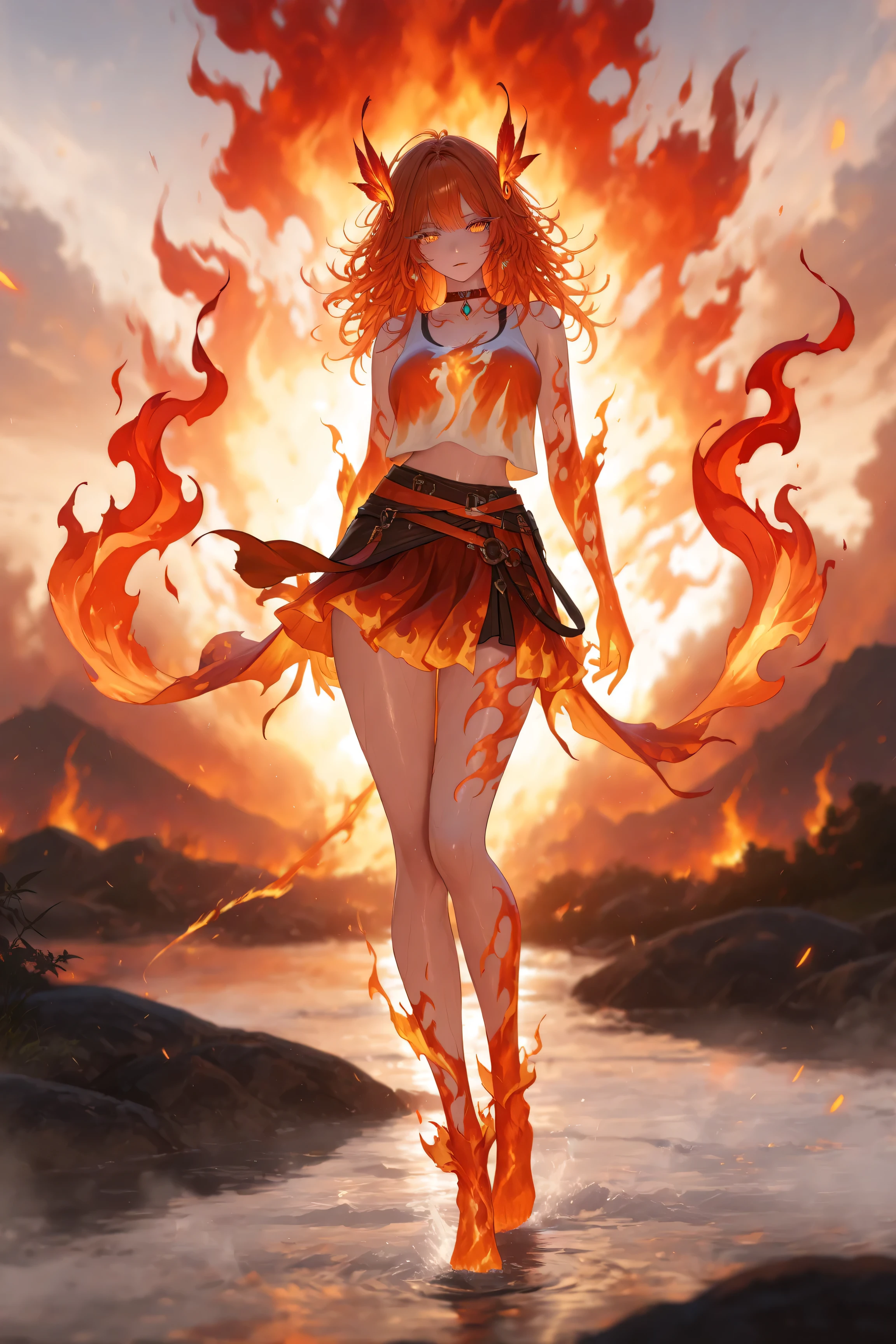 Masterpiece, high quality, high resolution, 16K, highly detailed background, digital painting, unreal engine, Makoto Shinkai illustration, hyperrealistic, fantasy, ite girl, beautiful face, beautiful skin, long eyelashes, beautiful eyes, beautiful legs, full body, flame feathers, Orange hair, messy hair, red tips, feather hair ornament, golden eyes, fair skin, flame pattern all over, tank top and skirt, white and orange based clothing, transparent material, choker, expressionless face, fire magic, fire spirit, burning flames, burning sunset,