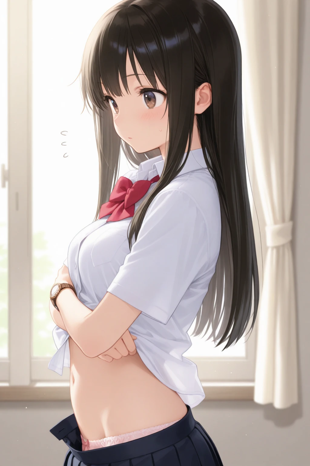 NSFW　Tohsaka Rin, Aqua Eye, (Black Hair:1.5), hair ribbon, Long Hair, ribbon, Side Lock, Both sides up, (Parted bangs:1.5), break, Collared shirt, classroom, break looking at viewer, (Cowboy Shot:1.5) break (masterpiece:1.2), Highest quality, High resolution, unity 8k wallpaper, (figure:0.8), (Beautiful attention to detail:1.6), Highly detailed face, Perfect lighting, Highly detailed CG, (Perfect hands, Perfect Anatomy),　Sit on a chair　Cute white panties　Spread your legs　Spread your legs　blush　depressed　Face distorted by pleasure　Resisting Pleasure　Blushing cheeks　wet Nipples licked　Overflowing body fluids　Spurting body fluids　((Lean back)) (((Ecstasy)))++　Completely naked　topless