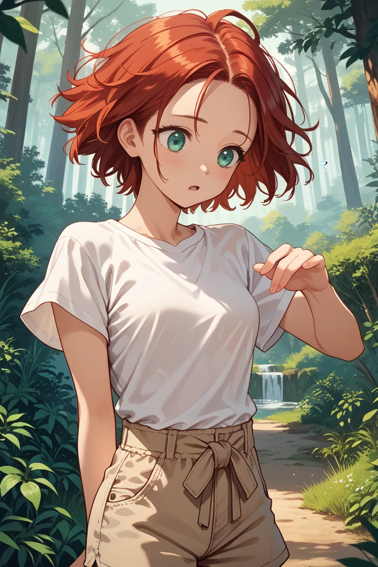 extremely detailed wallpaper,sharp focus,soft light,beautiful eyes,perfect anatomy,higher,super detailed,professional lighting,depth of field,detailed beauty face,perfect limbs,highest quality,high resolution,elementary school student,130cm hig,short stature,((small breast)),((black eyes)),girl body,((embarrassing)),from front,outside,(short pants,short t-shirt),((leg up)),sitting
