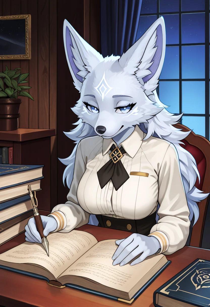 By zinfyu,by twistedscarlet60, uploaded on pixiv, by fluff-kevlar, (masterpiece), (best quality), (solo female:1.2), (extremely detailed:1.3),(detailed eye,black circle on eye,pink eye), lycanroc midnight, view on viewer, close view, shy face, half body on potrait, only body and head, close view, closeup photo of lycanroc, wearing casual dress,perfect circle of breast,tight clotches,camera angle from botom, in library, siting, table, reading book