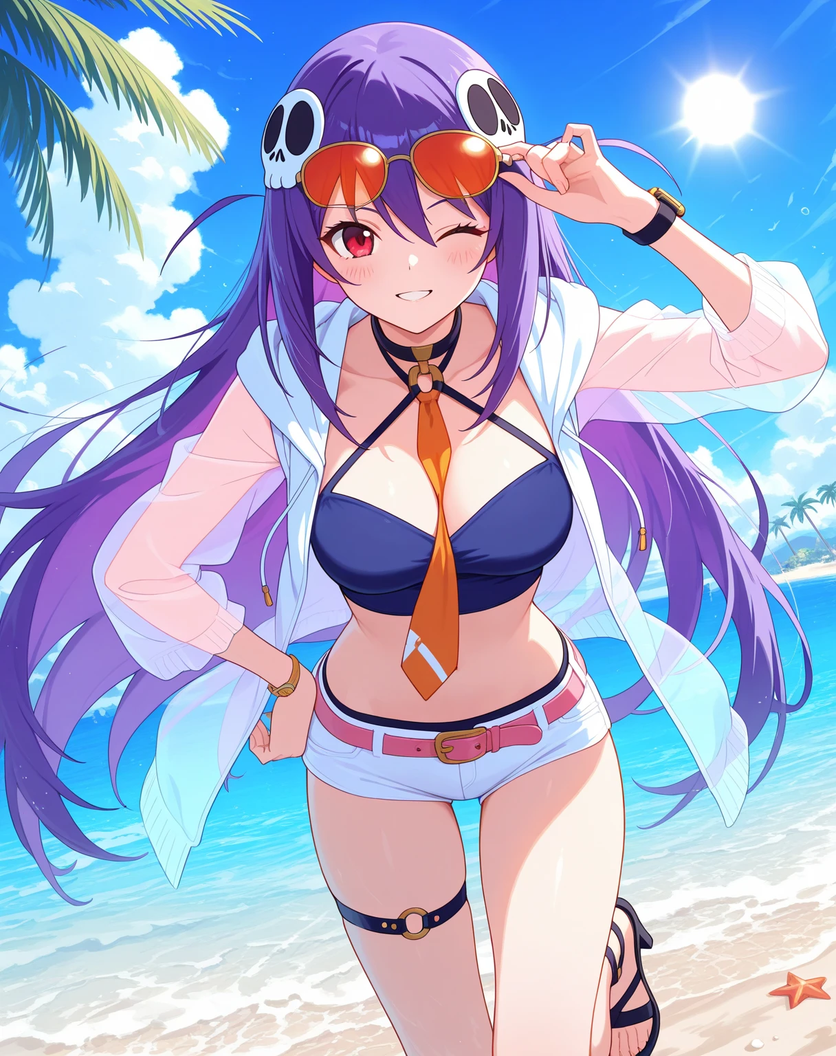 Yuka Hayase、Good looking girl (blush, Perfect Face), independent , Looking at the camera, masterpiece, Anime art style, Cute Characters, Most detailed, high quality、Nico Nico Smile、She is wearing a sexy purple swimsuit、In underwear、Purple hair and eyes、Coming to the sea、Showing armpits