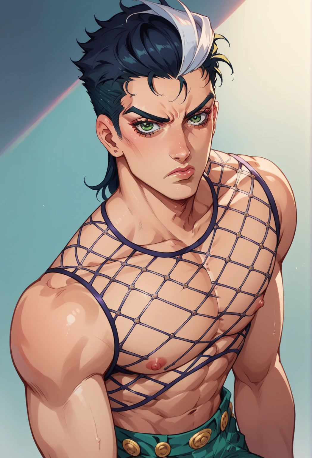 (masterpiece, best quality), man, wearing micro thong ((black micro-thong:skull_pattern_design_thong)) (thigh highs), bio-luminescent_water_world, wide angle, athletic body, male, shinny_skin, flat chest, silver eyes, green hair styled in spikes, determined expression, small waist, broad chest, big mane, muscular , illustration, watercolor ink sketch, ((extremely detailed, extremely detailed legs, extremely detailed arms, extremely detailed face, perfectly detailed eyes, perfectly detailed anatomy))