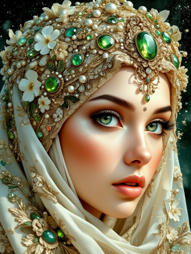 Extremely detailed, women, elven, British middle eastern women, beautiful body, wearing traditional dress(gray and golden), beautiful sexy greenish gray eyes, sexy look, light pink lips, open mouth smile,